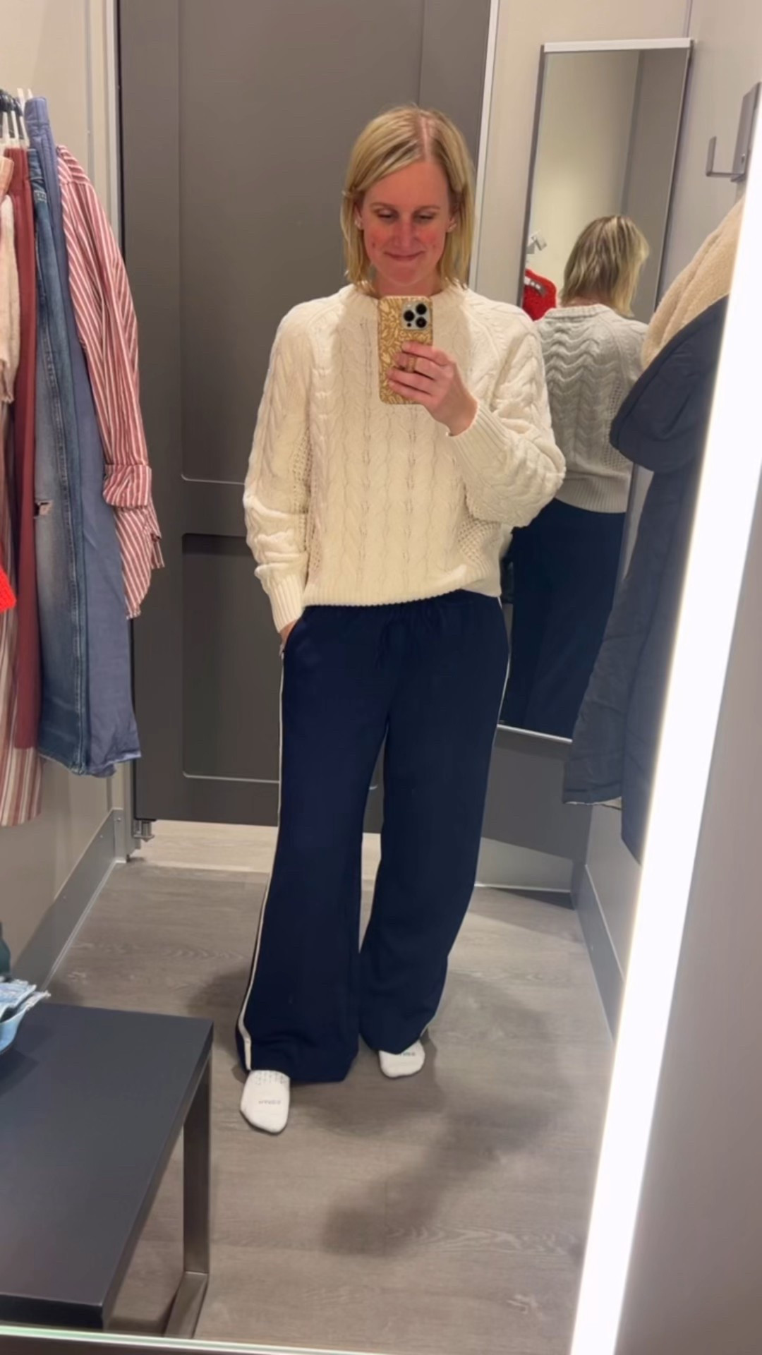 These pants are IT. Dressy but comfy and casual. Just do NOT tumble dry low like the tag says - they shortened right up so definitely hang dry 😉!  Fit TTS and LOVE that they come in regular, long and short! I’m 5’9” in the Medium Regular here but would prefer the long. ✔️ The cable knit sweater is SO good and also comes in a pretty yellow 💛

#dresspant #targetstyle #favpants

#LTKTall #LTKWorkwear #LTKootd