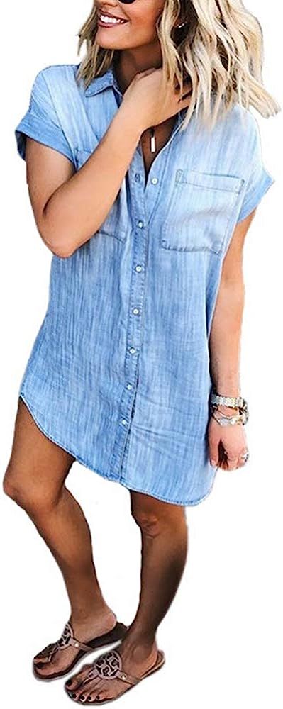 Women's Loose Denim Blouse Mini Dress Button Down Lapel Short Sleeve T-Shirt Dress Tops with Pock... | Amazon (US)