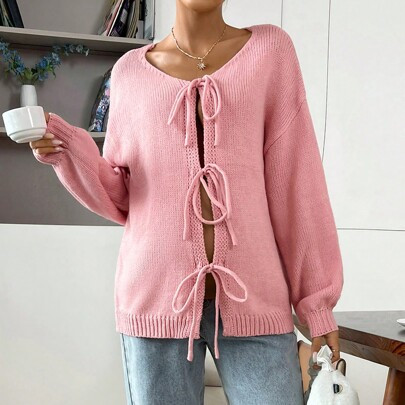 Maternity Casual Front Tie Sweater Blouse, Pink, For Winter | SHEIN
