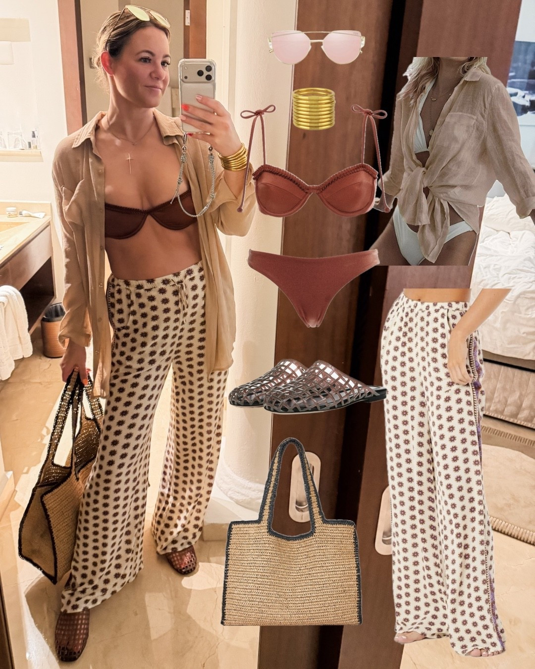 Spring break beach resort look. LOVE this Agua Bendita two-piece swimsuit (it’s a shimmery bronze/copper tone with the cutest details on the top - hello mini ruffles and beaded ties), flowy (and long!) pants, and (grown-up 😉) jellies🧡🤎💜 wore this recently in Mexico with my go-to waterproof, TSA-friendly bangles 👌 

#LTKTravel #LTKSwim #LTKOver40