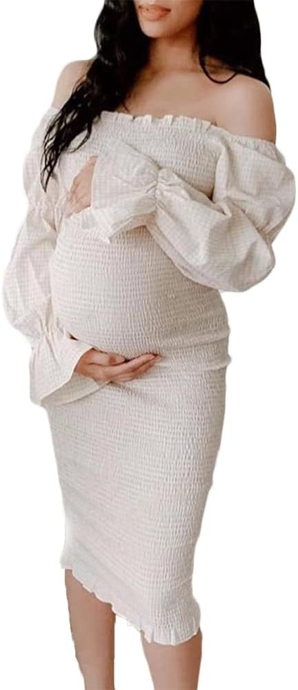ChILuer Plaid Off Shoulder Bodycon Midi Smocked Maternity Dress Baby Shower Dress for Photography | Amazon (US)