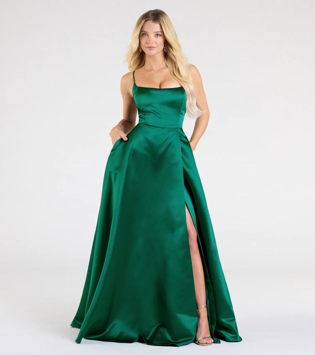 Brittany Lace-Up Slit A-Line Satin Formal Dress | Windsor Stores