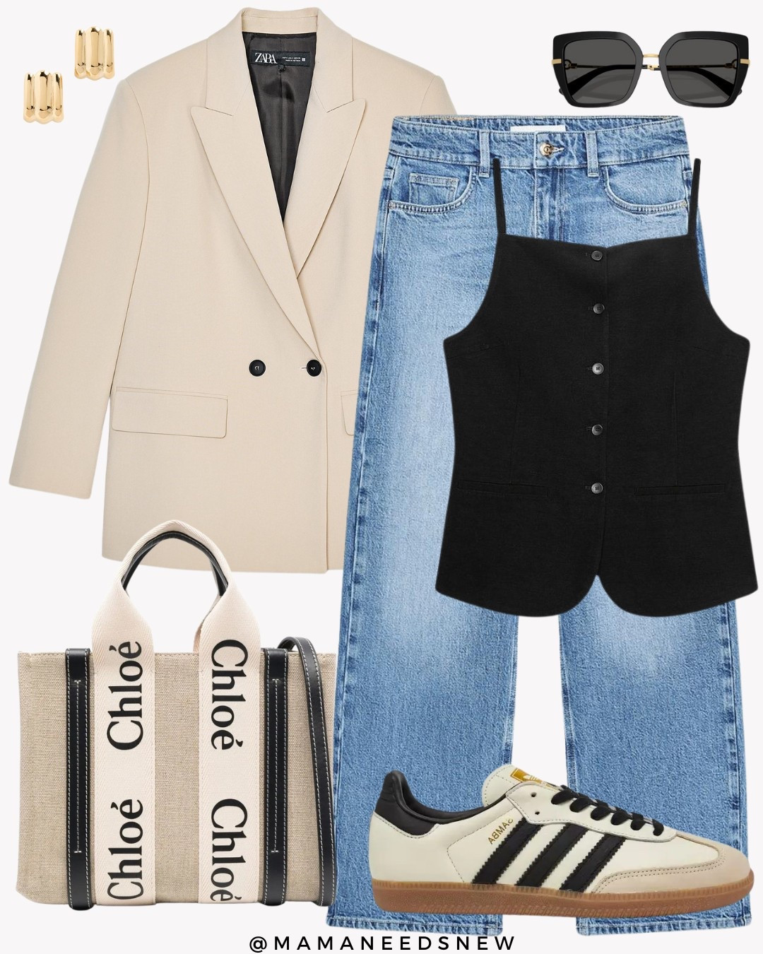 A summer outfit with a blazer, jeans, button down vest top, mini tote bag & sneakers 🖤

#LTKStyleTip #LTKItBag #LTKSaleAlert