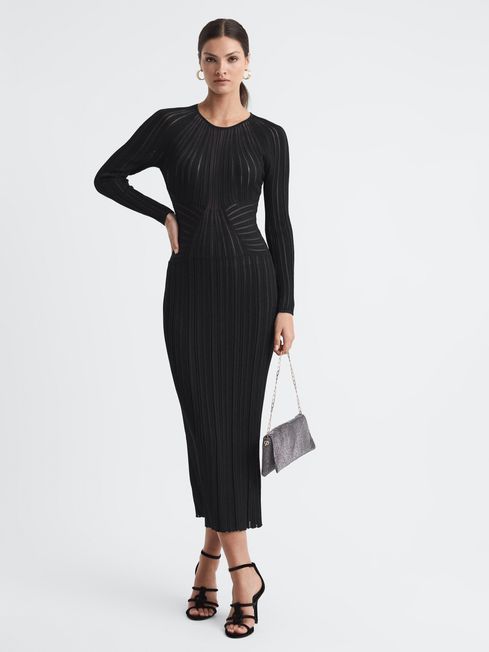 Reiss Black Ida Sheer Striped Bodycon Midi Dress | Reiss UK