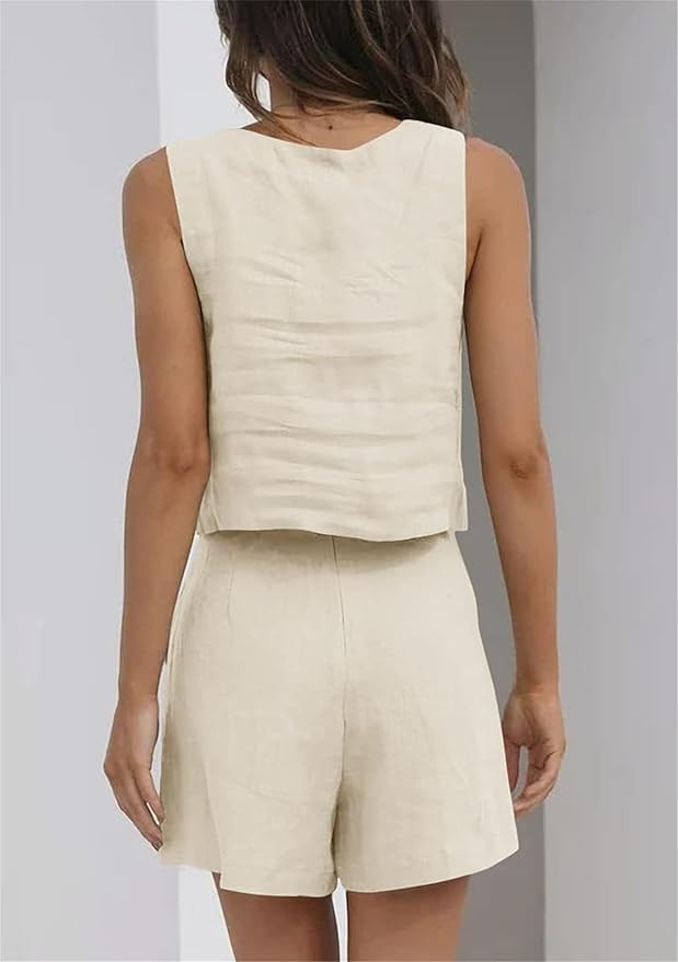 YMING Womens 2 Piece Outfits Linen Matching Sets Sleeveless Crop Tank Tops and High Waist Lounge ... | Amazon (US)