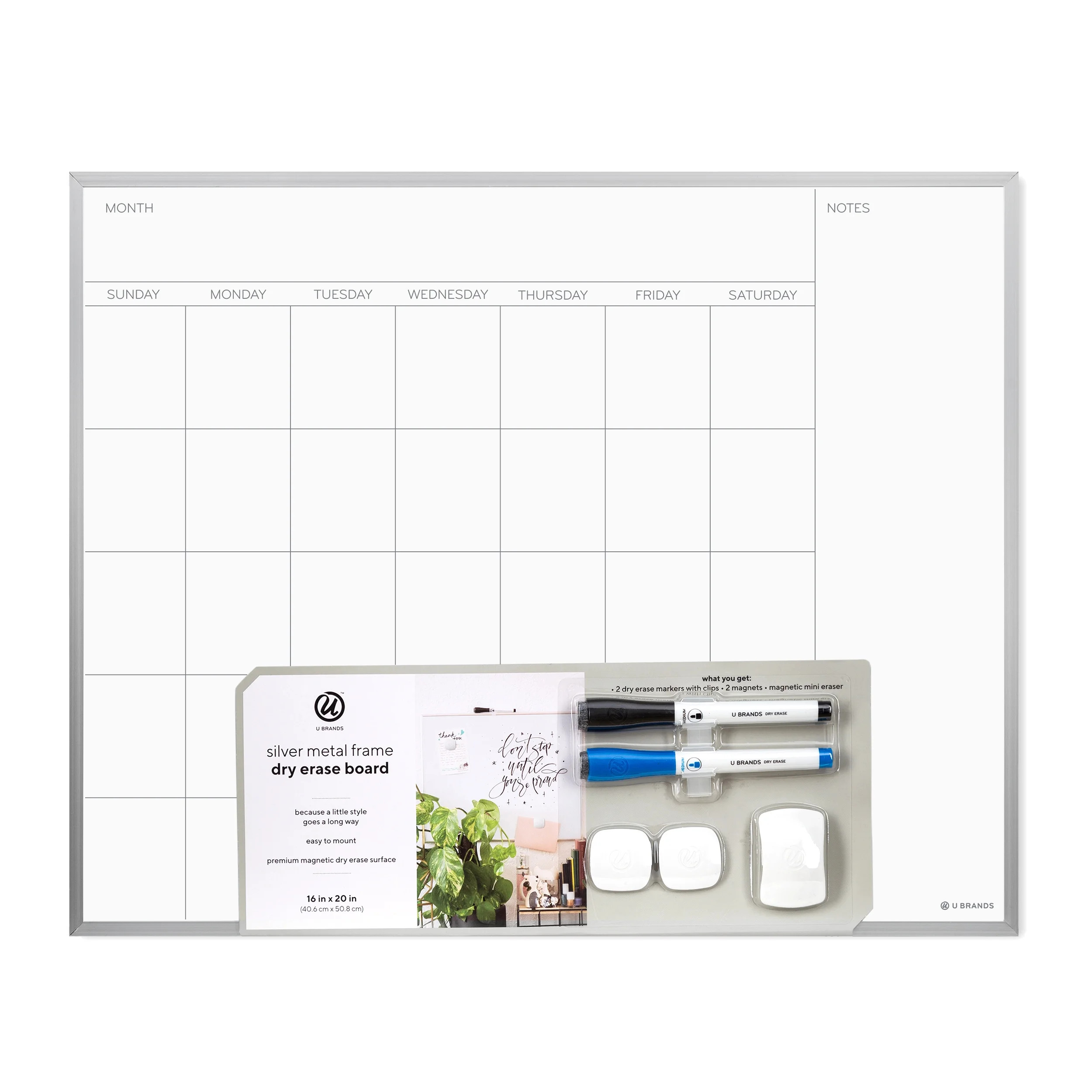 U Brands 16x 20 in. Magnetic Monthly Calendar Dry Erase Board, Silver Aluminum Frame | Walmart (US)