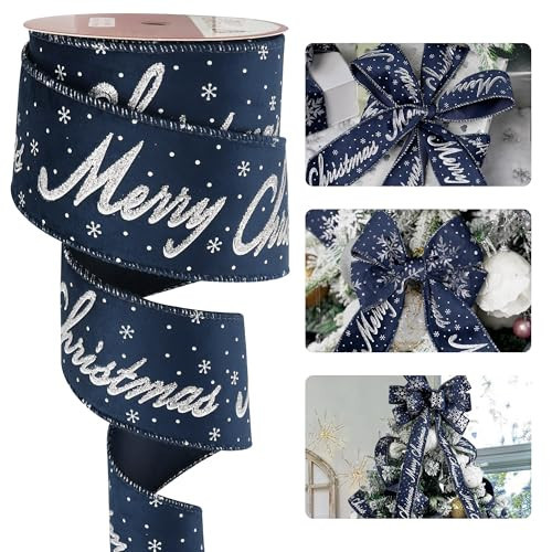 HUIHUANG Christmas Velvet Wired Ribbon Navy Blue Silver Glitter Merry Christmas Ribbon for Tree, Bows Making, Wreath, Gift Wrapping, Home Decor, Garland, Crafts-2.5 inch X 10 Yards | Amazon (US)