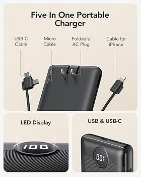 Portable Charger,Power Bank Built-in Cables and AC Wall Plug,VRURC USB C Portable Bank 10000mAh,T... | Amazon (US)