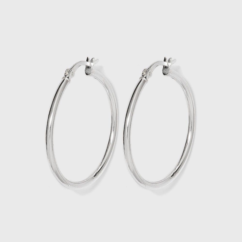 Women's Sterling Silver Hoop Earring with Click Top - Silver (30mm) | Target