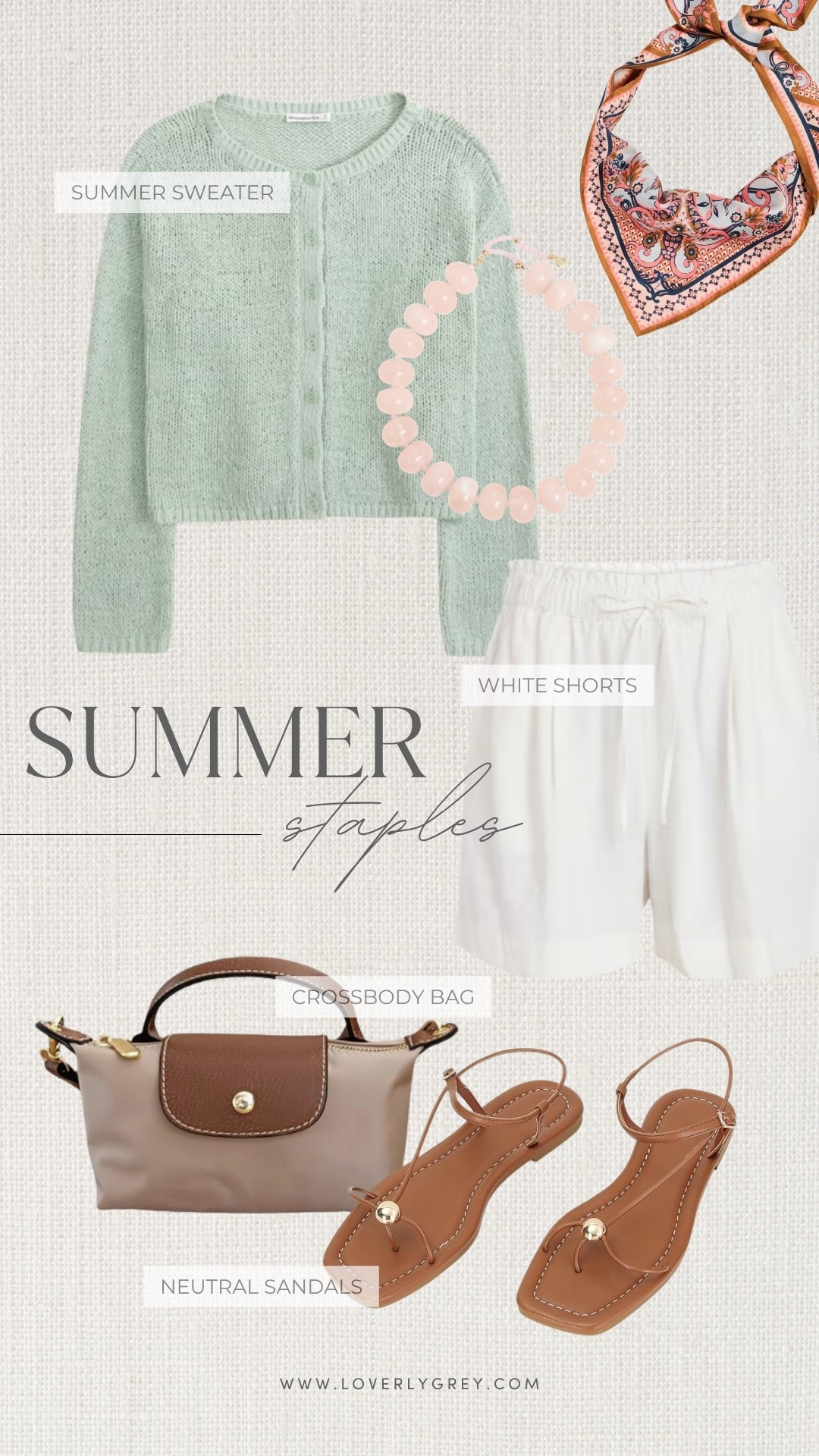 Sharing a few of my absolute favorite summer staples that are perfect for an easy, everyday outfit! From the coziest lightweight sweater to the perfect pair of white shorts, these elevated basics are a must-have for the season. Loverly grey, summer staples, lightweight cardigan, mint green sweater, white drawstring shorts, neutral crossbody bag, longchamp, leather sandals, pink beaded necklace, patterned silk scarf, summer outfit inspiration

#LTKgrwm #LTKootd #LTKSeasonal