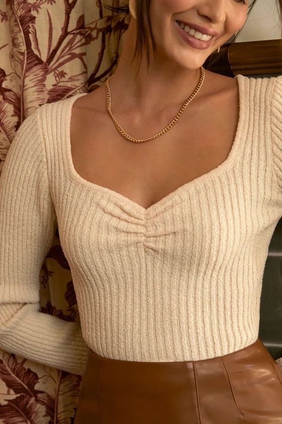 Casually Brilliant Cream Ribbed Knit Long Sleeve Top | Lulus (US)