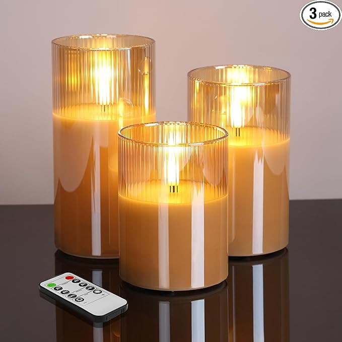 Eywamage Gold Ribbed Glass Flameless Candles with Remote, Flickering LED Pillar Candles Real Wax,... | Amazon (US)
