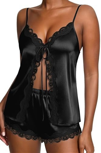 Ekouaer Womens Silk Pajamas Set Sexy Floral Lace Trim Cami Tops and Shorts Bow Tie Open Front Lin... | Amazon (US)