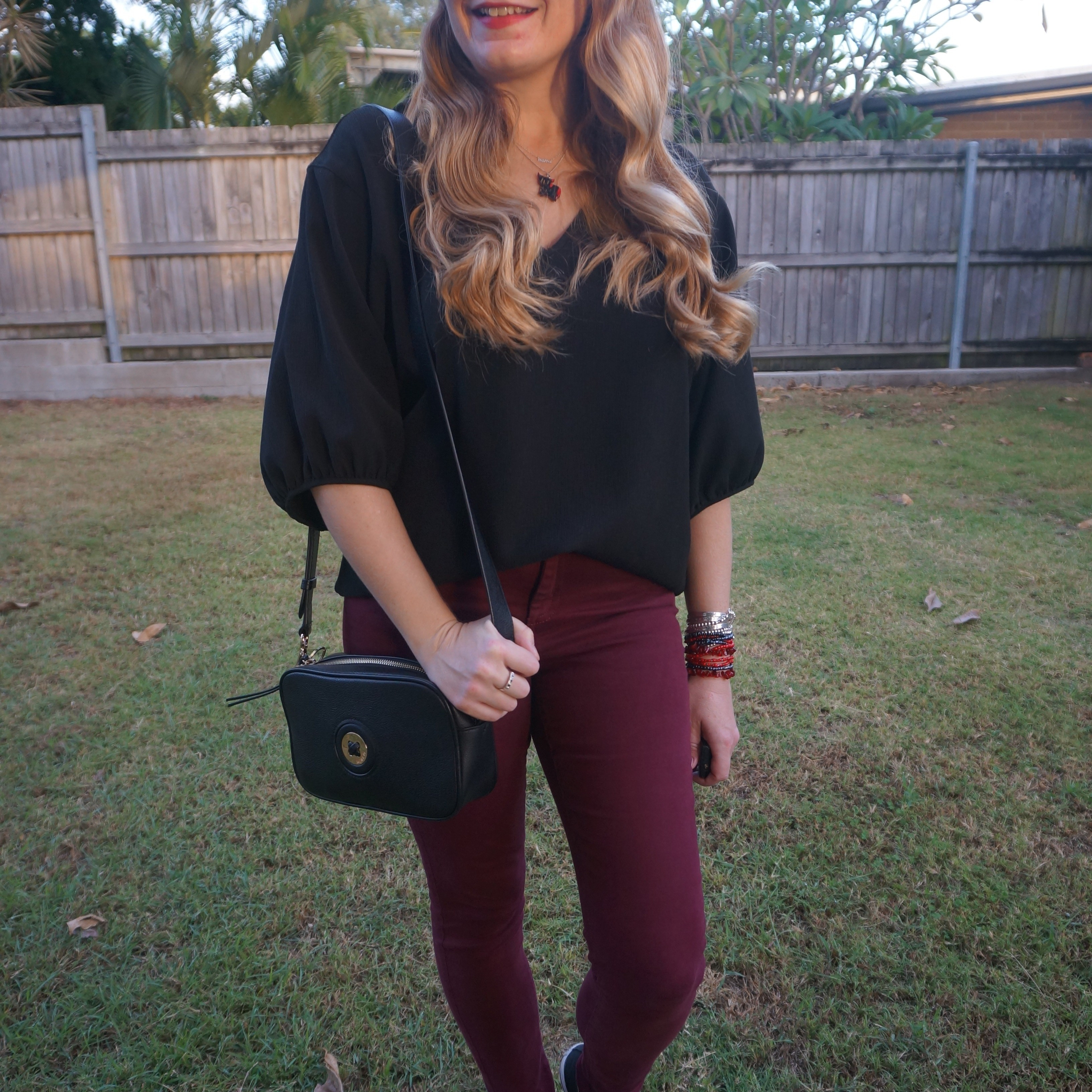 Thrifted Seed Heritage statement sleeve blouse with burgundy skinny jeans and Mimco Mim-mazing crossbody bag 🖤

#LTKautumn #LTKbag #LTKworkwear