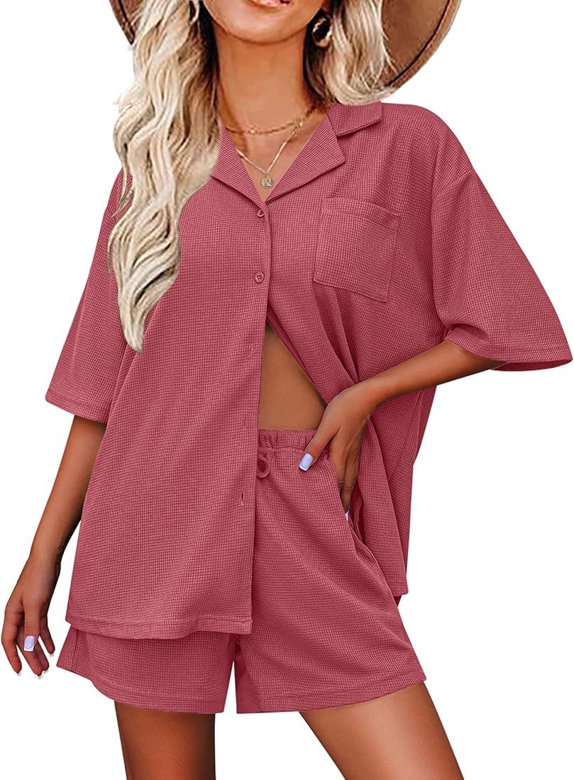 Ekouaer Lounge Sets for Women Waffle Knit Pajama Sets Button Down Shirt Drawstring Shorts Short S... | Amazon (US)
