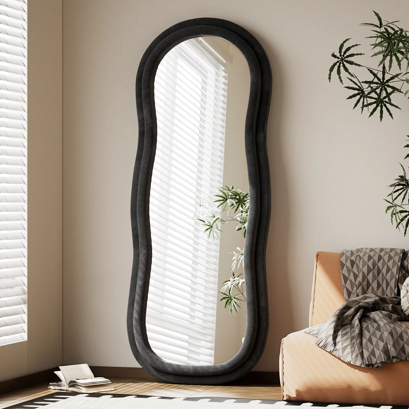 BEAUTYPEAK 63"x 24" Irregular Full Length Mirror Free Standing with Flannel Frame, Black | Walmart (US)