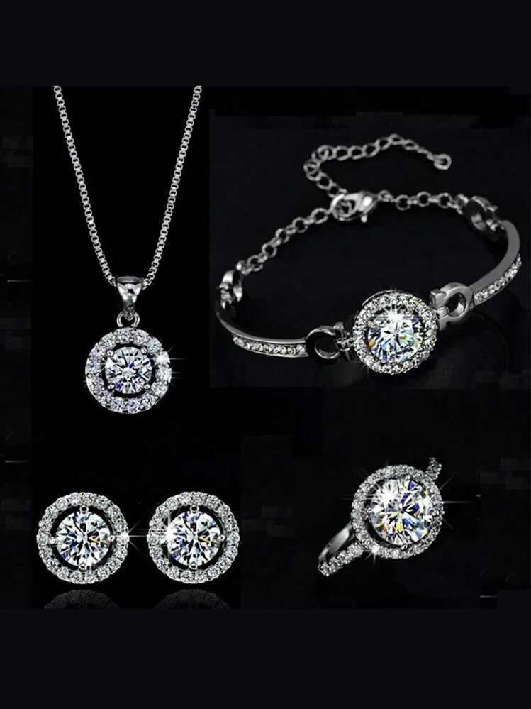5pcs/Set Women's Luxury Silver Plated Jewelry Combo With Necklace Earrings Ring & Bracelet, Adorned With Rhinestone, Suitable For Daily, Party, Wedding & Bridal Gift | SHEIN