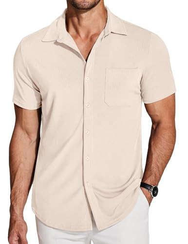 COOFANDY Men's Button Down Short Sleeve Knit Polo Shirts Summer Wrinkle Free Vintage Shirt Casual No Tuck Beach Tops Cream | Amazon (US)