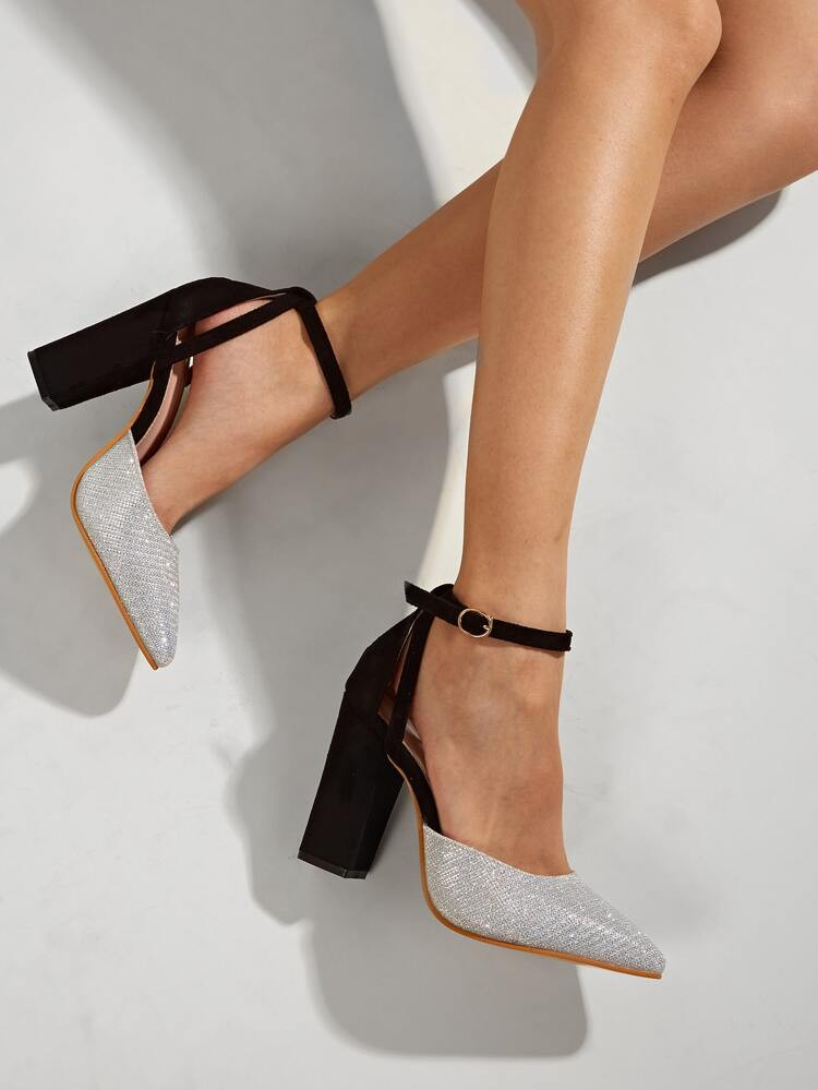 Two Tone Glitter Ankle Strap Pumps | SHEIN