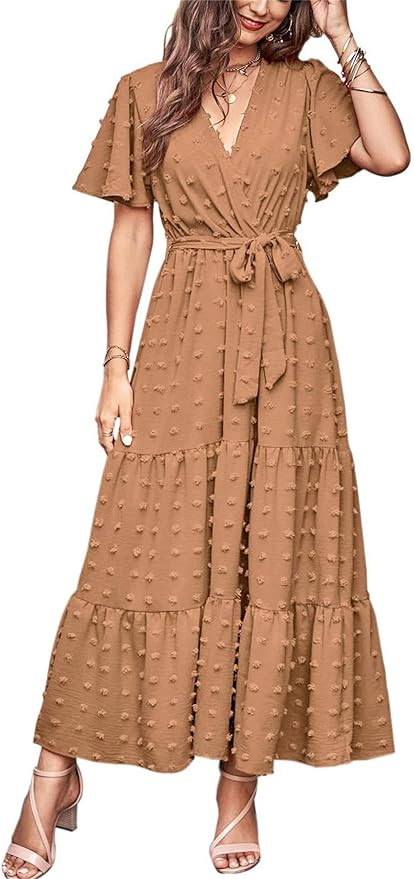 MASCOMODA Womens Boho Swiss Dot Maxi Dresses Wrap V Neck Flutter Short Sleeve Solid Tie Belt A Li... | Amazon (US)