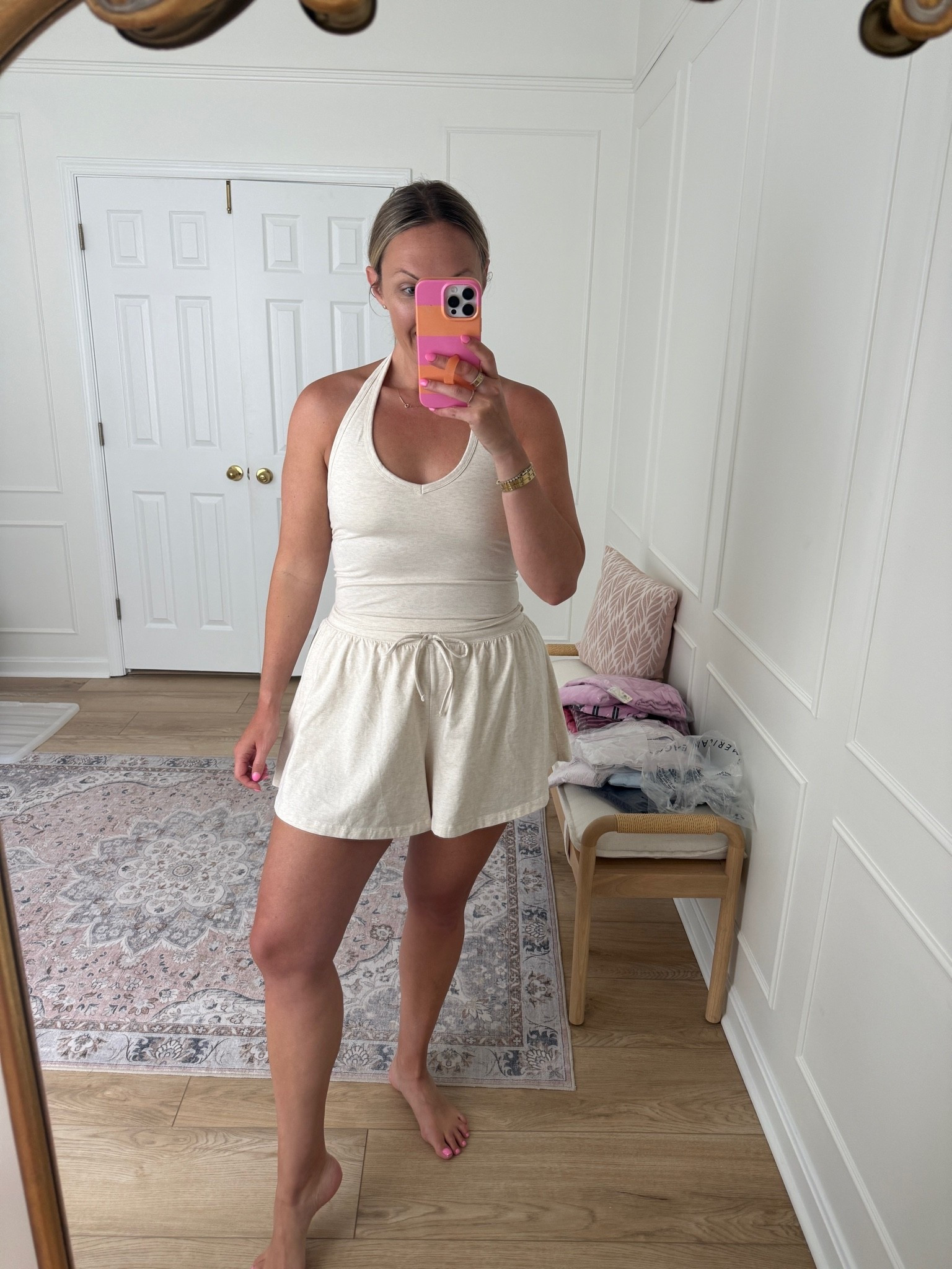 Built in bra halter and matching shorts! Med top and large bottoms - casual summer outfit - lounge wear