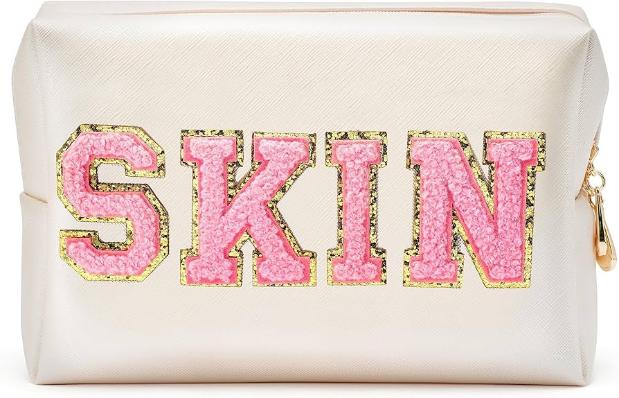 Y1tvei Preppy Patch SKIN Varsity Letter Cosmetic Toiletry Bag PU Leather Portable Makeup Bag Zipp... | Amazon (US)
