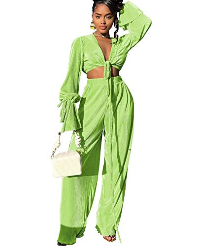 Doweha Matching Sets for Women Summer Two Piece Outfits Plisse Set Outfit V Neck Crop Top Casual Pleated Pants Sets Sexy 2 Piece Outfits Green XL | Amazon (US)