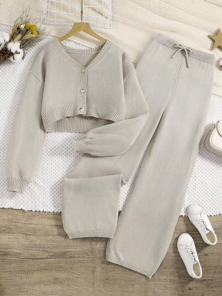 Teen Girl Drop Shoulder Cardigan & Tie Front Knit Pants | SHEIN