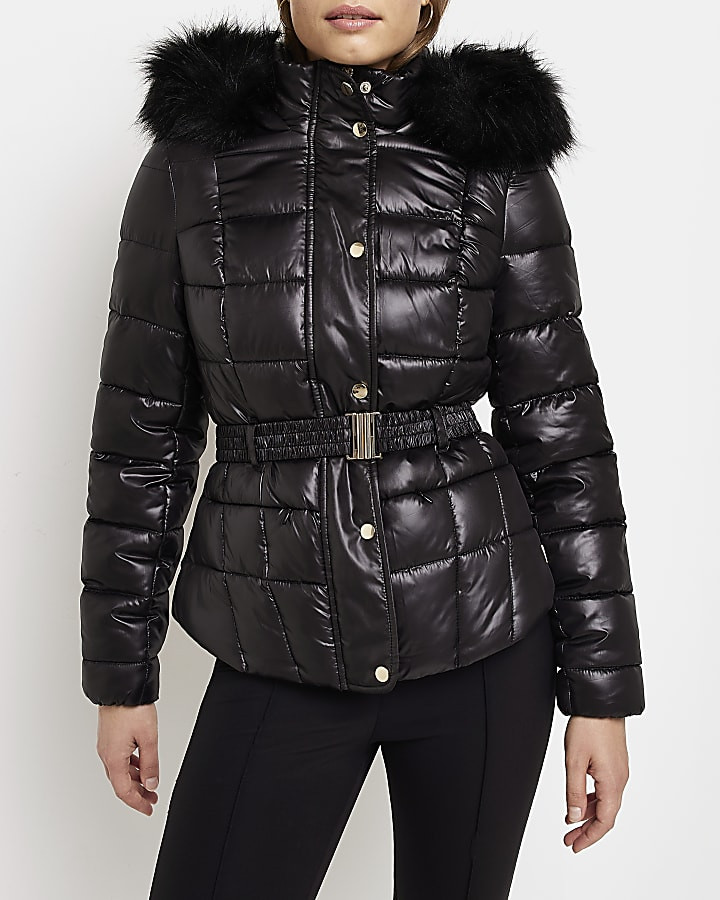 Black quilted hooded puffer coat | River Island (UK & IE)