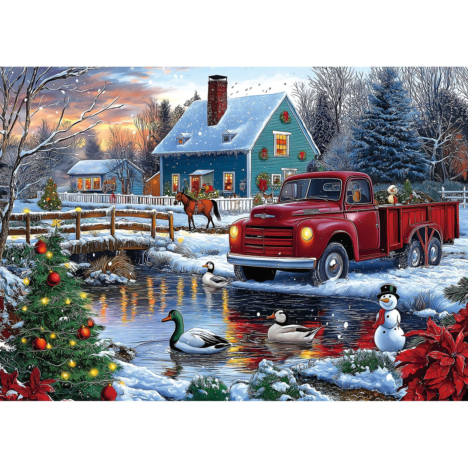 Christmas Winter Scene Jigsaw Puzzle 1000 Pieces for Adults Vintage Red Truck Snowy Country Blue ... | Amazon (US)
