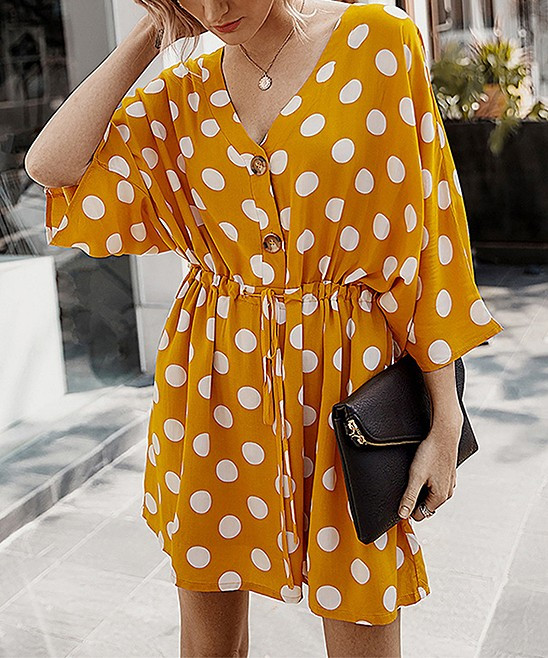 Charlie Charlie Charlotte Women's Casual Dresses Yellow - Yellow Polka Dot Tie-Waist Dolman V-Neck D | Zulily