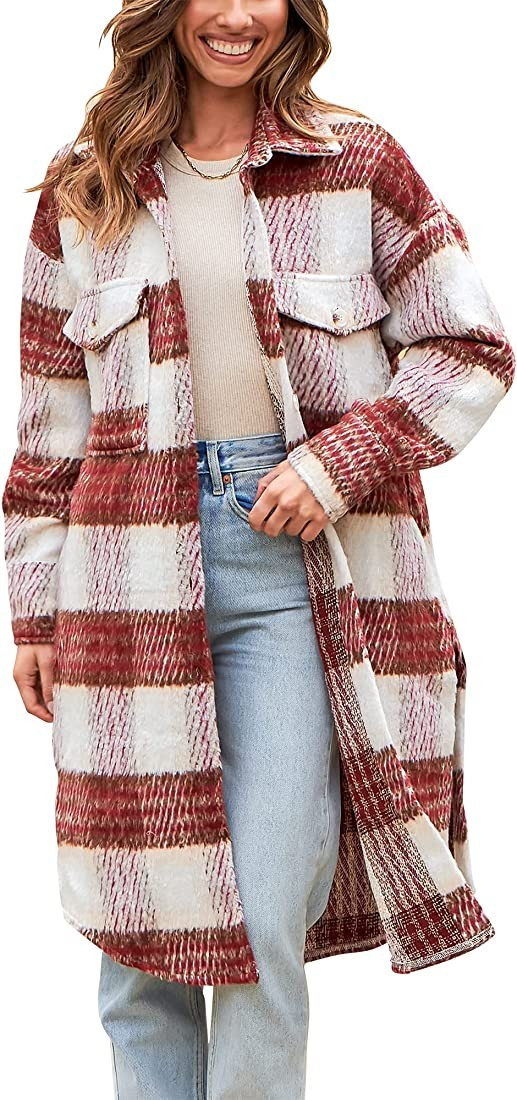 ANRABESS Women's Plaid Button Down Shackets Fannel Long Sleeve Lapel Collar Oversized Slit Long J... | Amazon (US)
