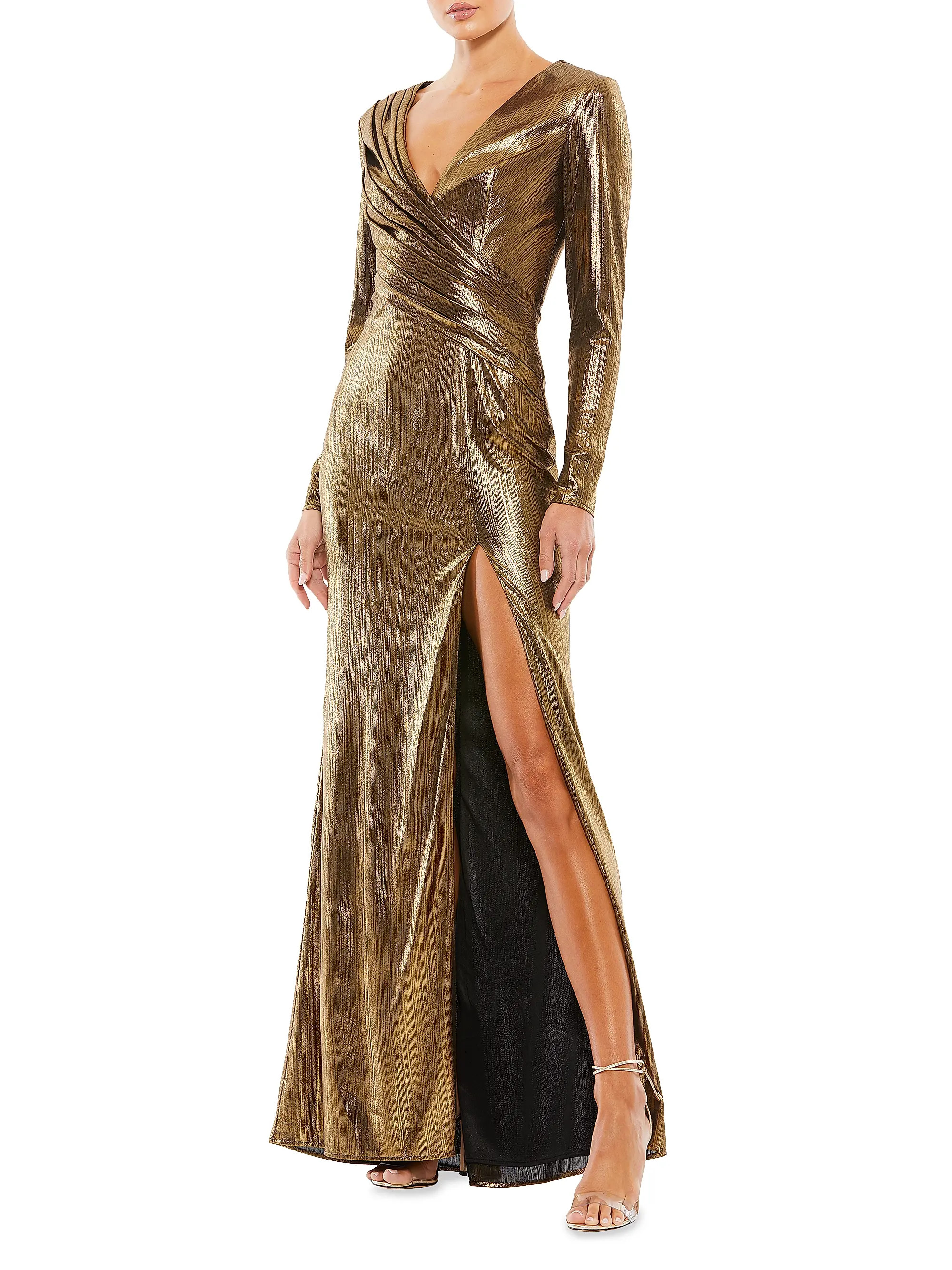 Metallic Long-Sleeve Asymmetrical Ruched Gown | Saks Fifth Avenue