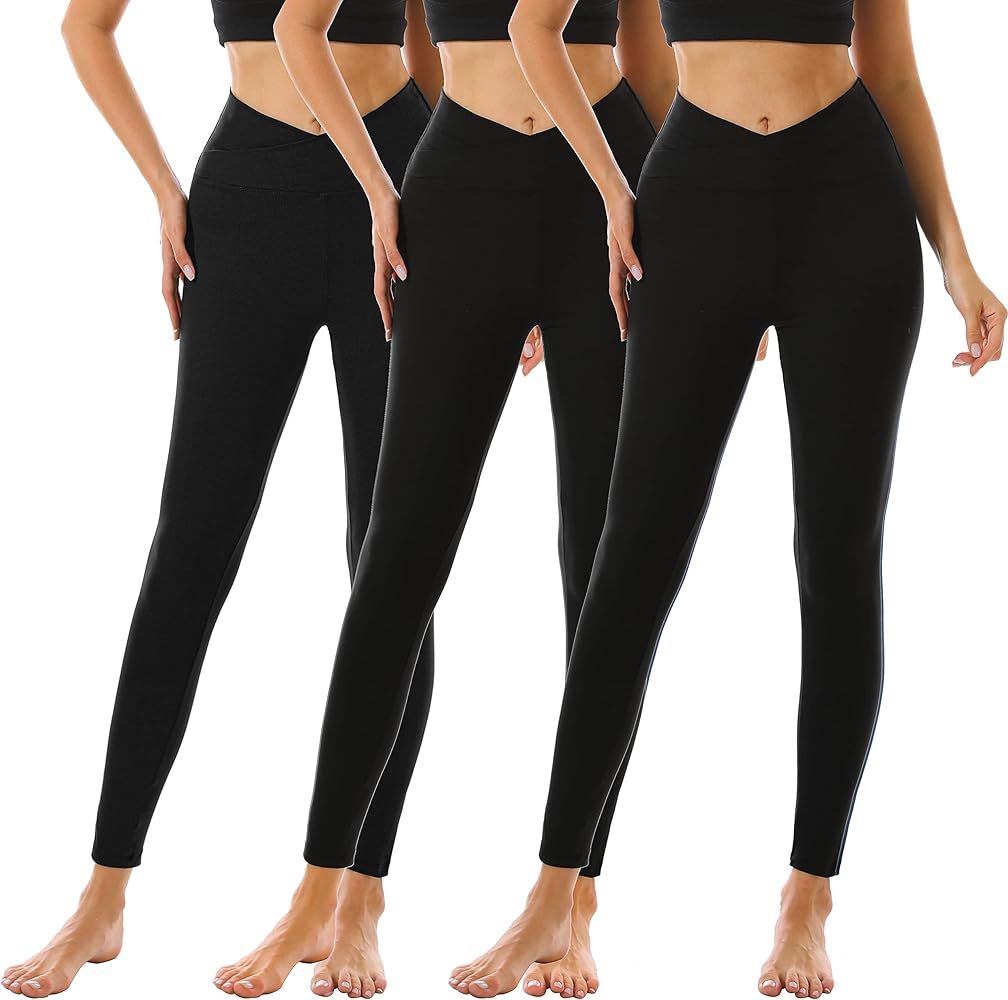 Womens Leggings- Crossover Leggings for Women-Yoga Pants (3 Pack)-Tummy Control No See Through Worko | Amazon (US)