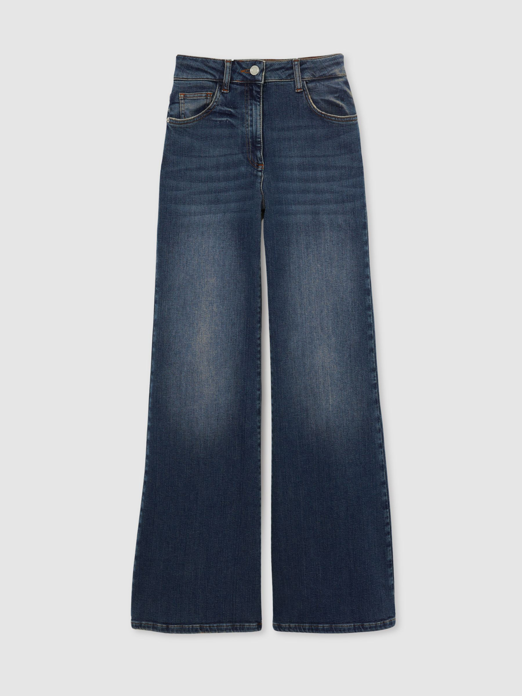 Petite Mid-Rise Flared Jeans in Mid Blue | Reiss US