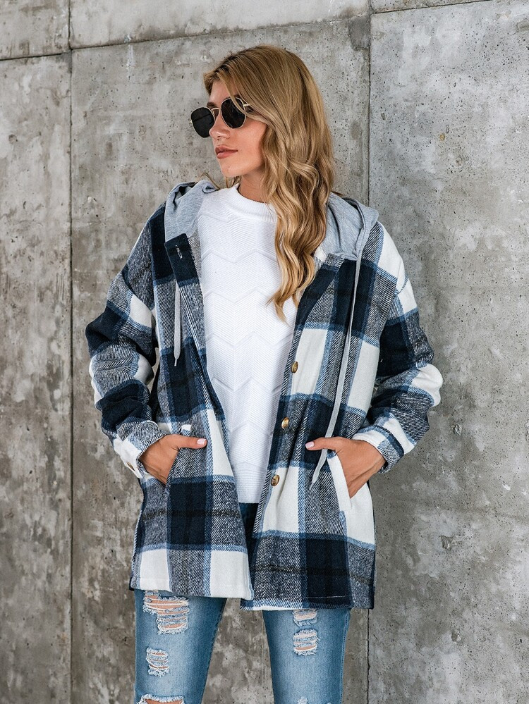 Button Front Drawstring Hooded Plaid Coat | SHEIN