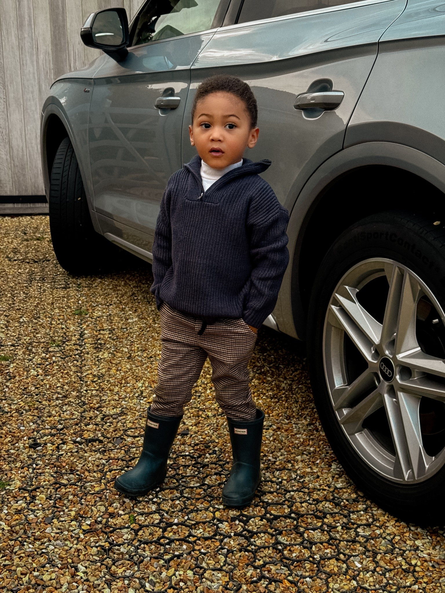 Mini style on point! Cozy knit, classic check trousers, and the cutest Hunter boots perfect for autumn adventures 🍂 #ToddlerStyle #MiniFashion”

	•	Toddler fall outfit
	•	Toddler knit sweater
	•	Toddler rain boots / Hunter boots toddler
	•	Toddler boy outfit ideas
	•	Toddler autumn fashion
	•	Kids fashion 2025
	•	Cute toddler outfits
	•	Toddler neutral outfit

	•	Navy knit sweater 
	•	Checked trousers / joggers
	•	Hunter kids’ rain boots
	•	White layering tee
	•	Audi lifestyle kids gear 