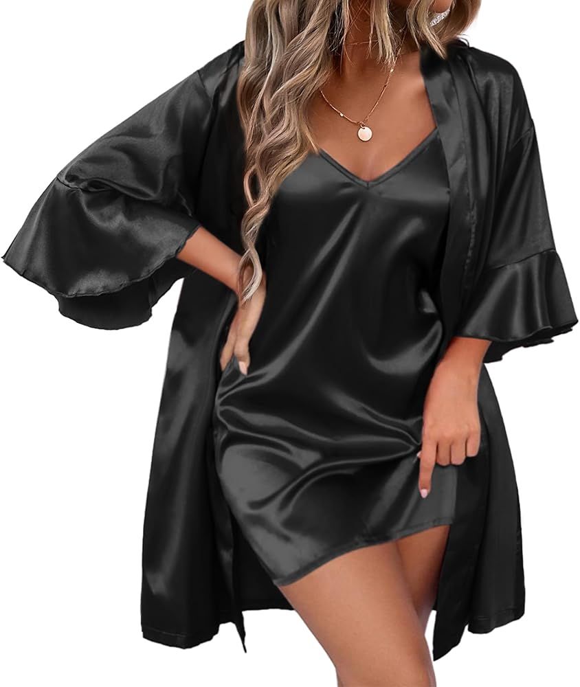 Ekouaer Women's Silk Robe Set V-neck 2 Piece Bridal Party Robes and Satin Bathrobe Set with Pocke... | Amazon (US)