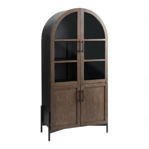 Amira Vintage Walnut and Charcoal Black Arch Display Cabinet | World Market