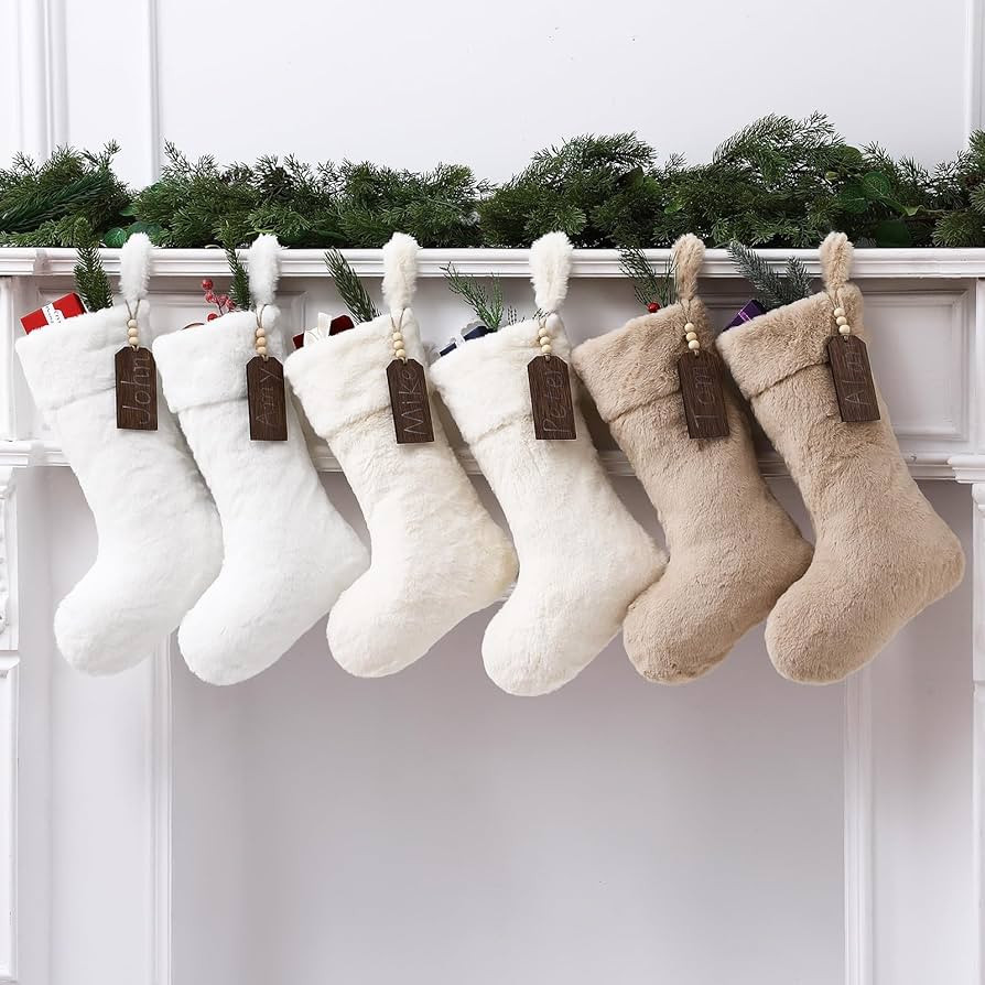 Shinymoon 6 Pcs 18 Inch Neutral Plush Faux Fur Christmas Stocking with Wooden Name Tags, Personal... | Amazon (US)