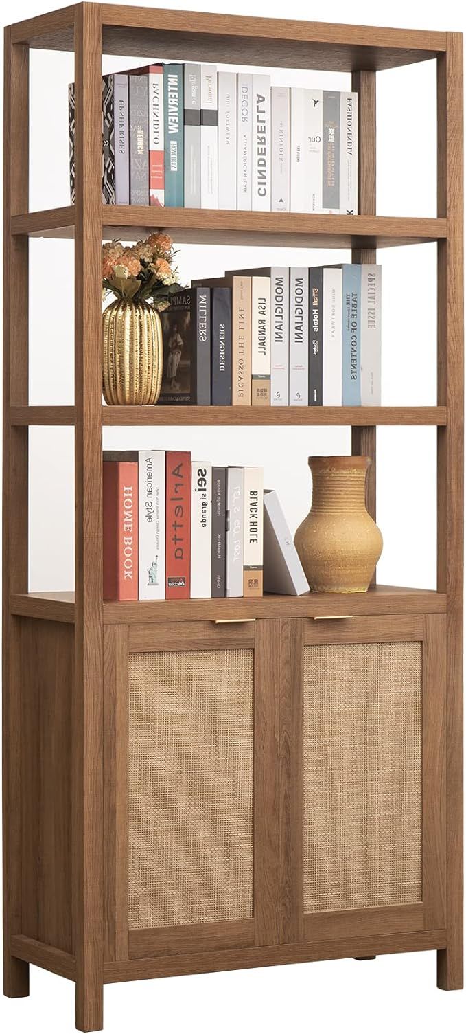 SICOTAS Bookshelf 5 Tier Book Shelf Rattan Boho Tall Bookcase with Doors Storage Wood Shelves Lar... | Amazon (US)