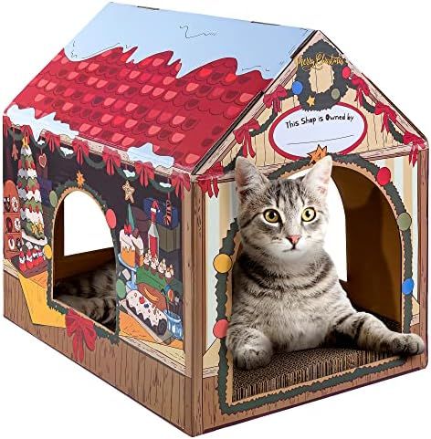 LiBa Cardboard Holiday Cat House with Scratch Pad and Catnip, Cat Bed for Indoor Cats, Cat Scratc... | Amazon (US)