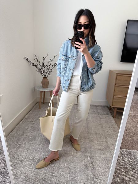 Spring jackets. AGOLDE Charli denim jacket. Fits oversized but the slouch is so good. 

Jacket - AGOLDE xs
Tee - Everlane Medium. Sized up 2 sizes. 
Jeans - DL1961 25
Flats - Doen 35
Bag - Mansur Gavriel. Color is crema but sold out. 
Sunglasses - Celine 

Petite Style, Neutral outfit, capsule wardrobe, minimal style, street style outfits, Affordable fashion, Spring fashion, Spring outfit,

#LTKSeasonal #LTKshoecrush #LTKitbag