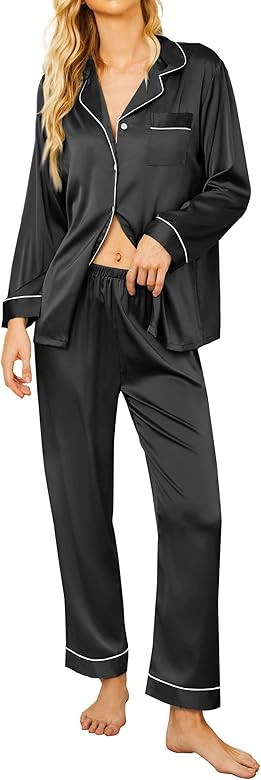 Ekouaer Womens Silk Satin Long Pajama Set | Amazon (US)