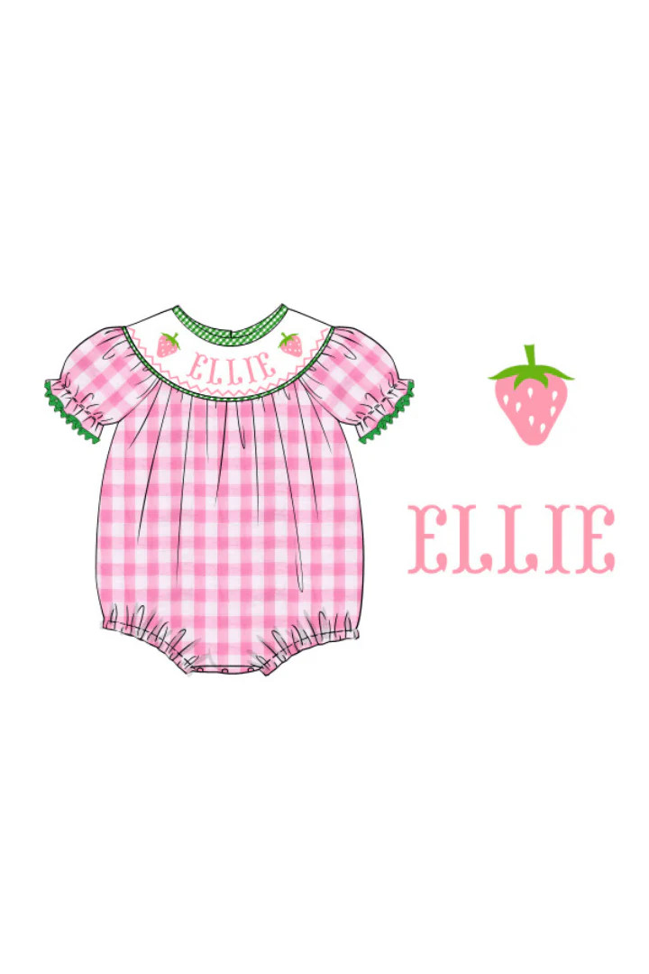 Pre-Order Custom Name Pink Gingham Strawberry Bubble | The Smocked Flamingo