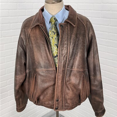 Roundtree & Yorke Jacket Mens Large Brown Leather Distressed Bomber Insulated  | eBay | eBay US