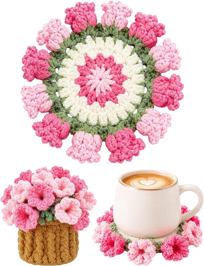 Crochet Flower Bouquet Coasters, Cotton Tulip Gifts for Home Decor 1Pc | Amazon (US)