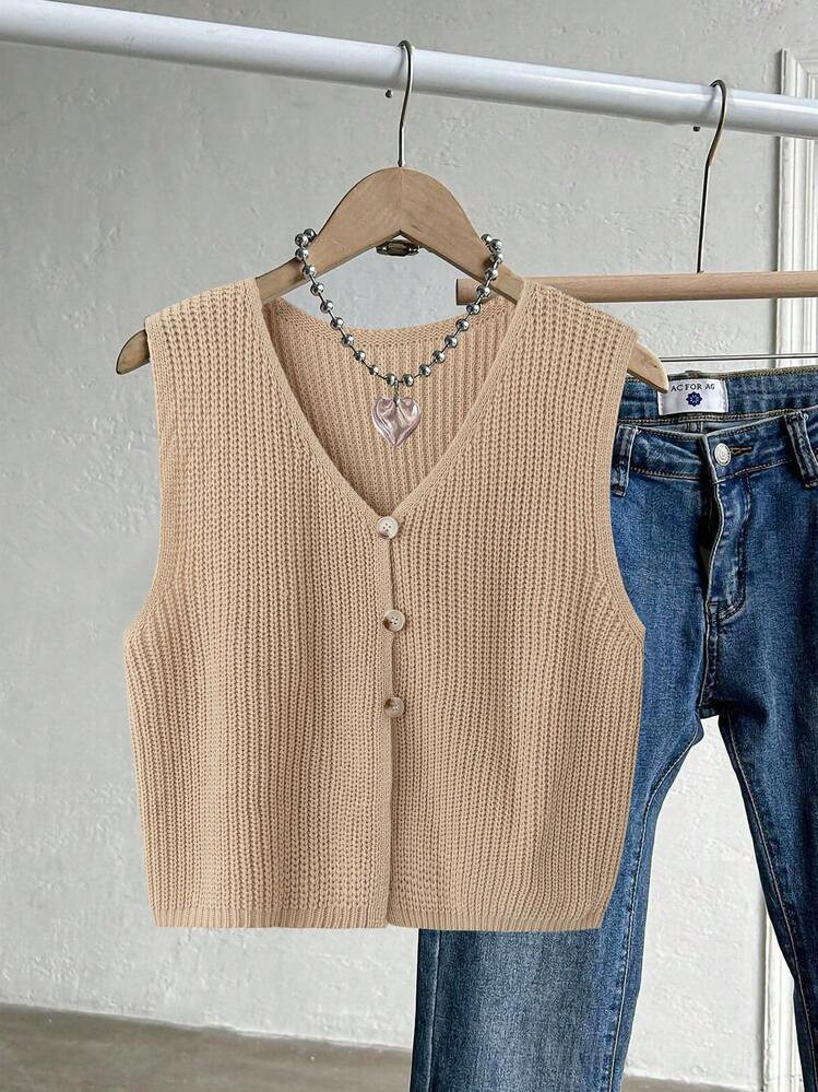 Franclia Plus Size Women Casual Solid Color V-Neck Button Decorated Ribbed Knit Sweater Vest, For Winter Fall | SHEIN