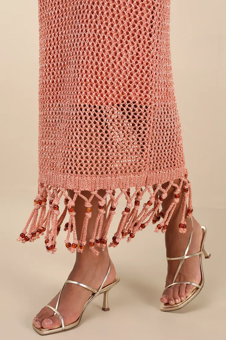 Marama Shiny Coral Crochet Sleeveless Fringe Midi Dress | Lulus