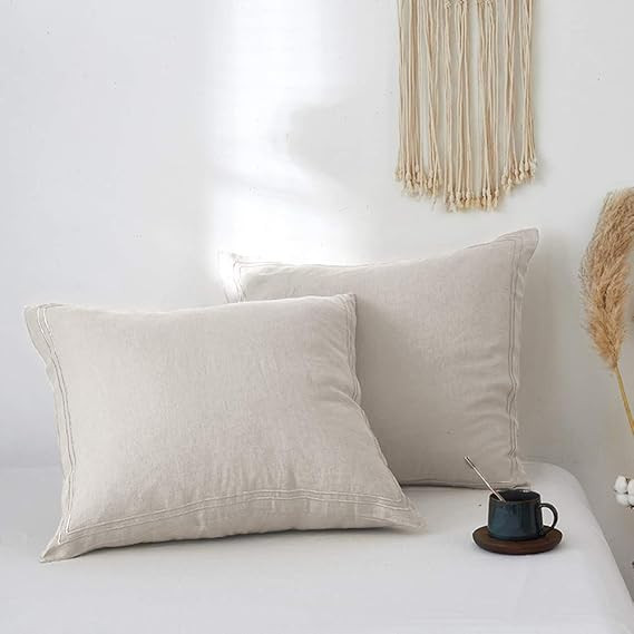 Simple&Opulence 100% French Linen Euro Shams with Embroidery (26'' x 26'') - Pack of 2 - Pre Wash... | Amazon (US)
